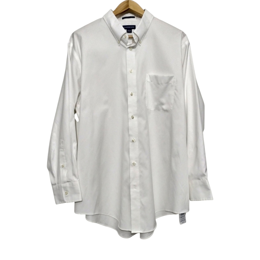 Land's End Mens 18/34 Dress Shirt White Button Up No Iron Pinpoint Oxford